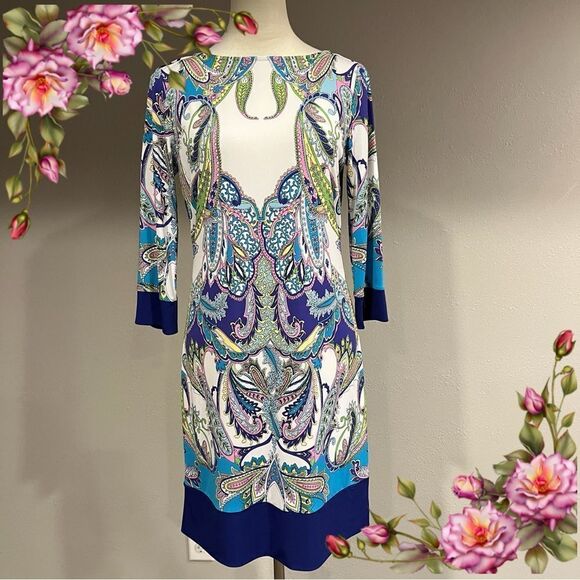 Donna Morgan Multicolor Paisley Print long sleeve Dress size 4 - Picture 1 of 14